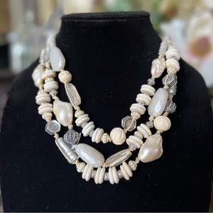 Chico’s Ivory Shell Bead and Silver 16” Necklace